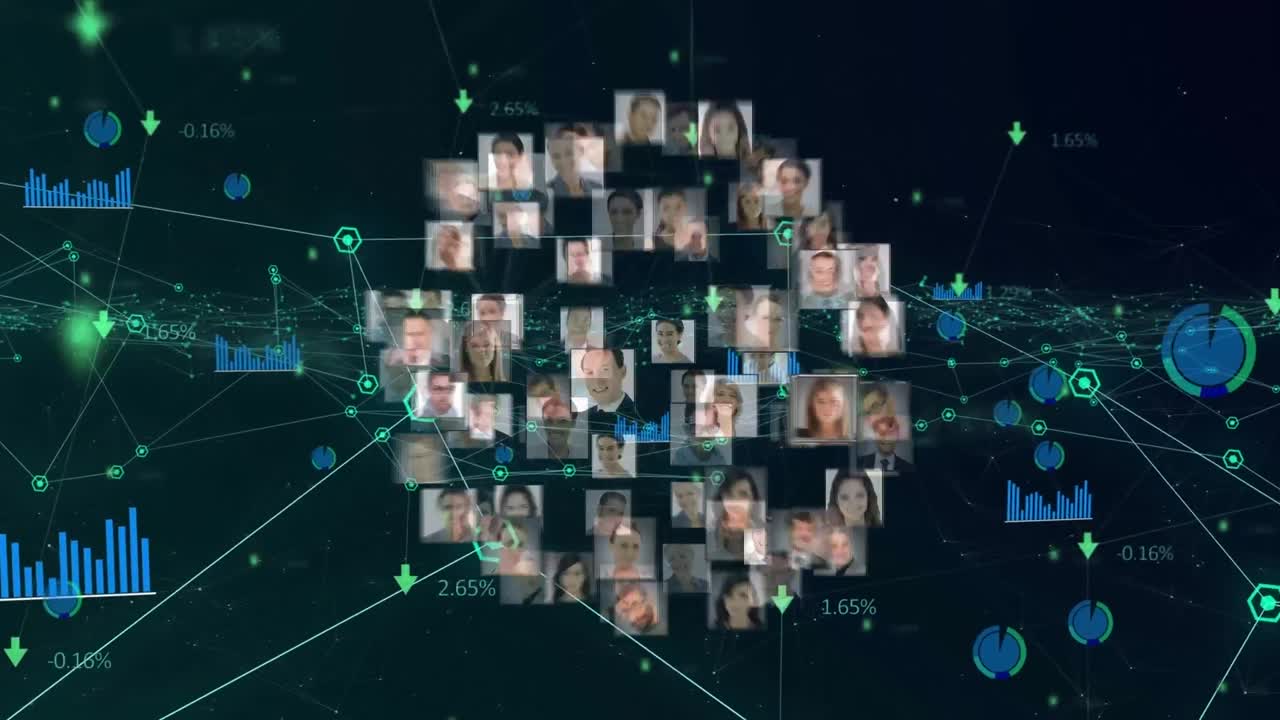 Animation of globe of network of connections with people's photos