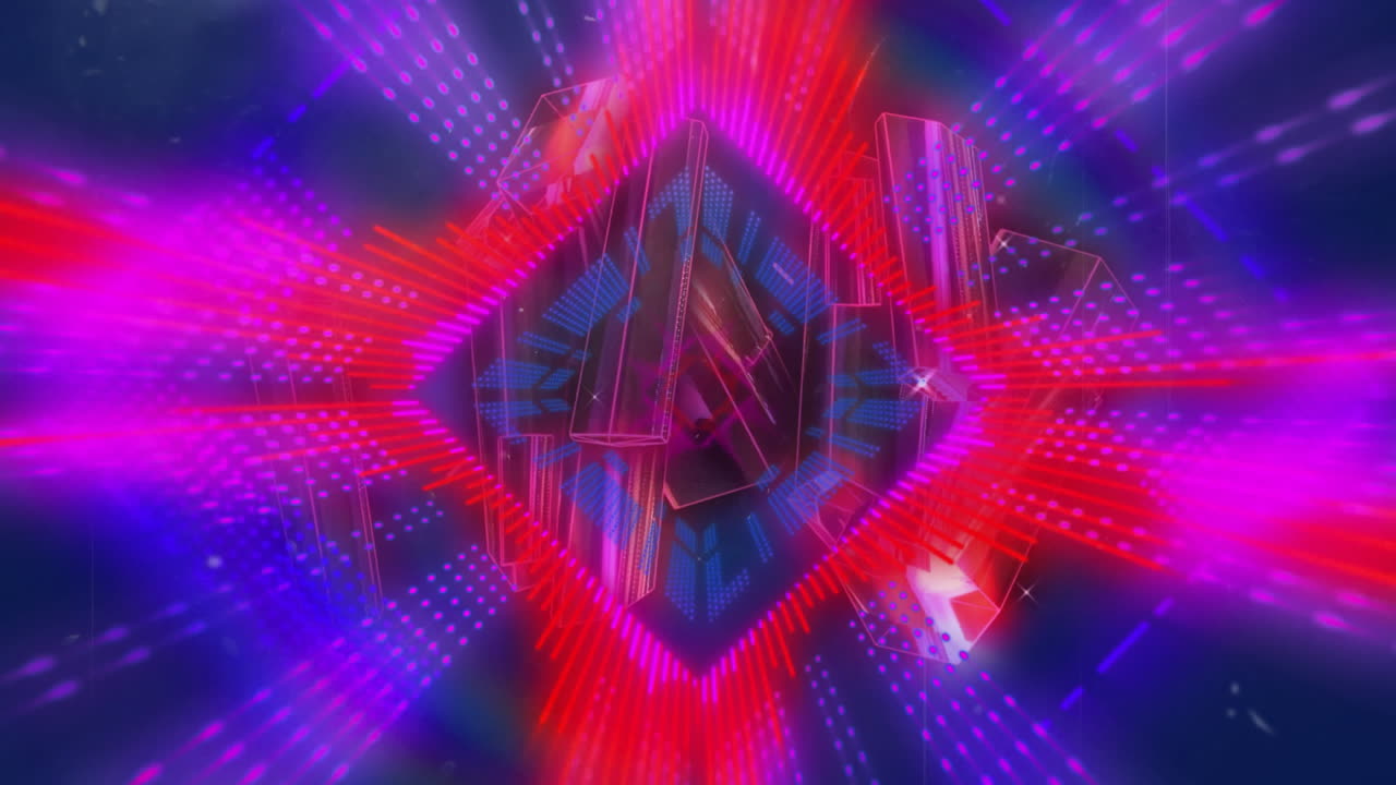 Animating geometric shapes and neon lights over dark background