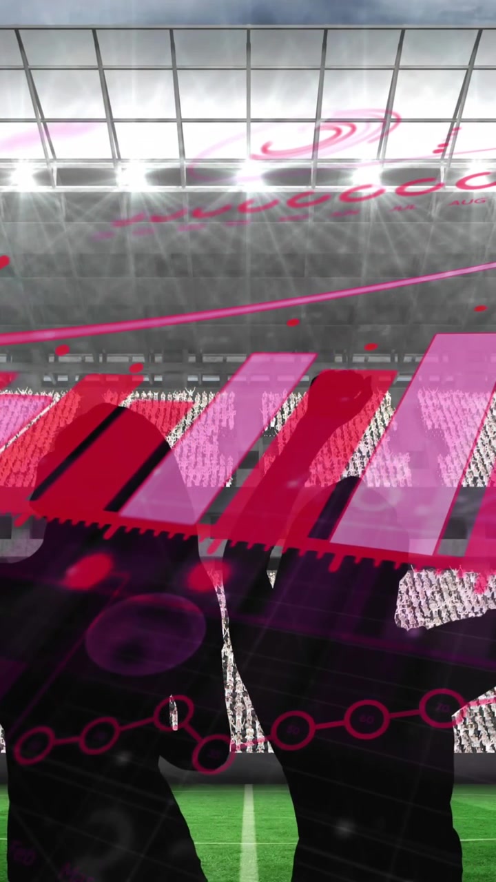 Coronavirus statistical data processing over silhouette of fans cheering against sports stadium