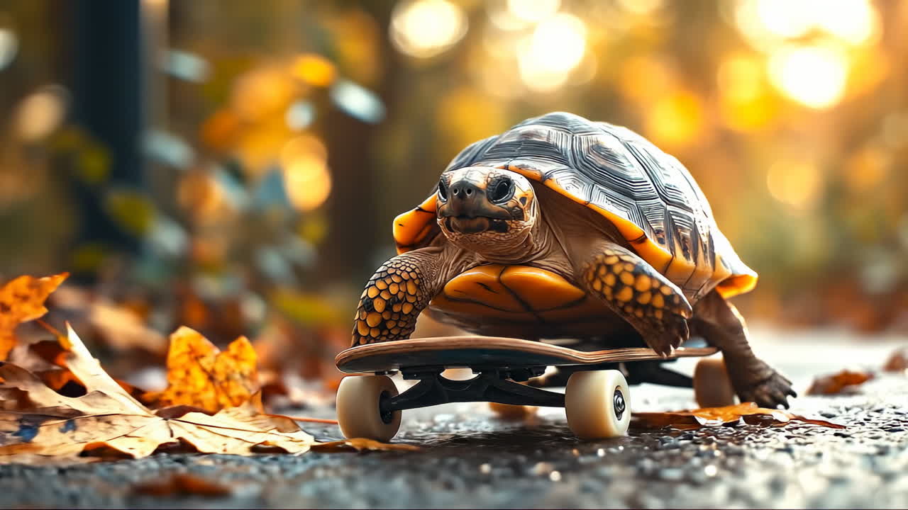 Skateboarding turtle in autumn. A turtle glides on a skateboard among colorful autumn leaves. The scene captures a playful moment in the park