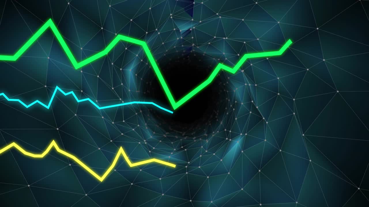 Neon tracelines emerging from left moving into central void, showing signal convergence in mesh