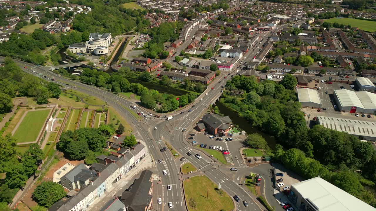 Advancing aerial video of Lisburn, Northern Ireland, UK on a bright and sunny day. Filmed in 4K, 60FPS and with Rec709 Color.