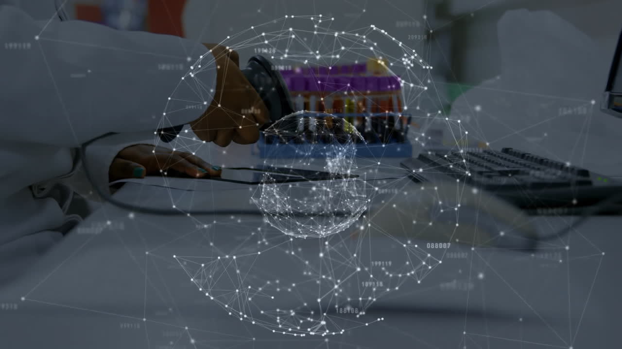 Animation of globe with connections over african american female scientist in laboratory