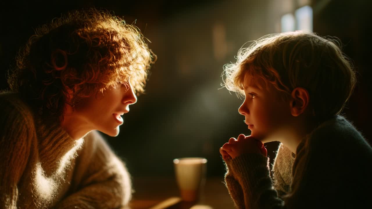 A Heartwarming Moment of Connection Between a Parent and Child in Soft, Golden Light, Captured in a Cozy Space, Highlighting Love, Bonding, and Shared Laughter