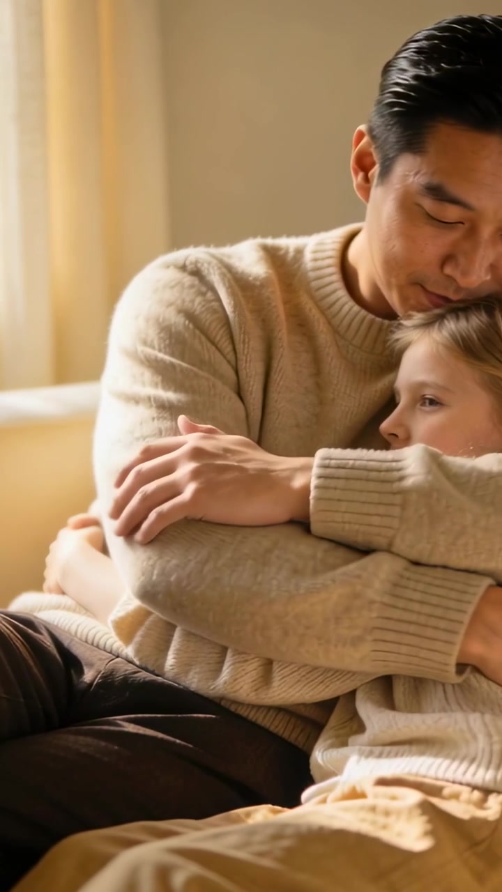 Vertical video: Comforting father adjusting arms after child settling on sofa at home, sweaters