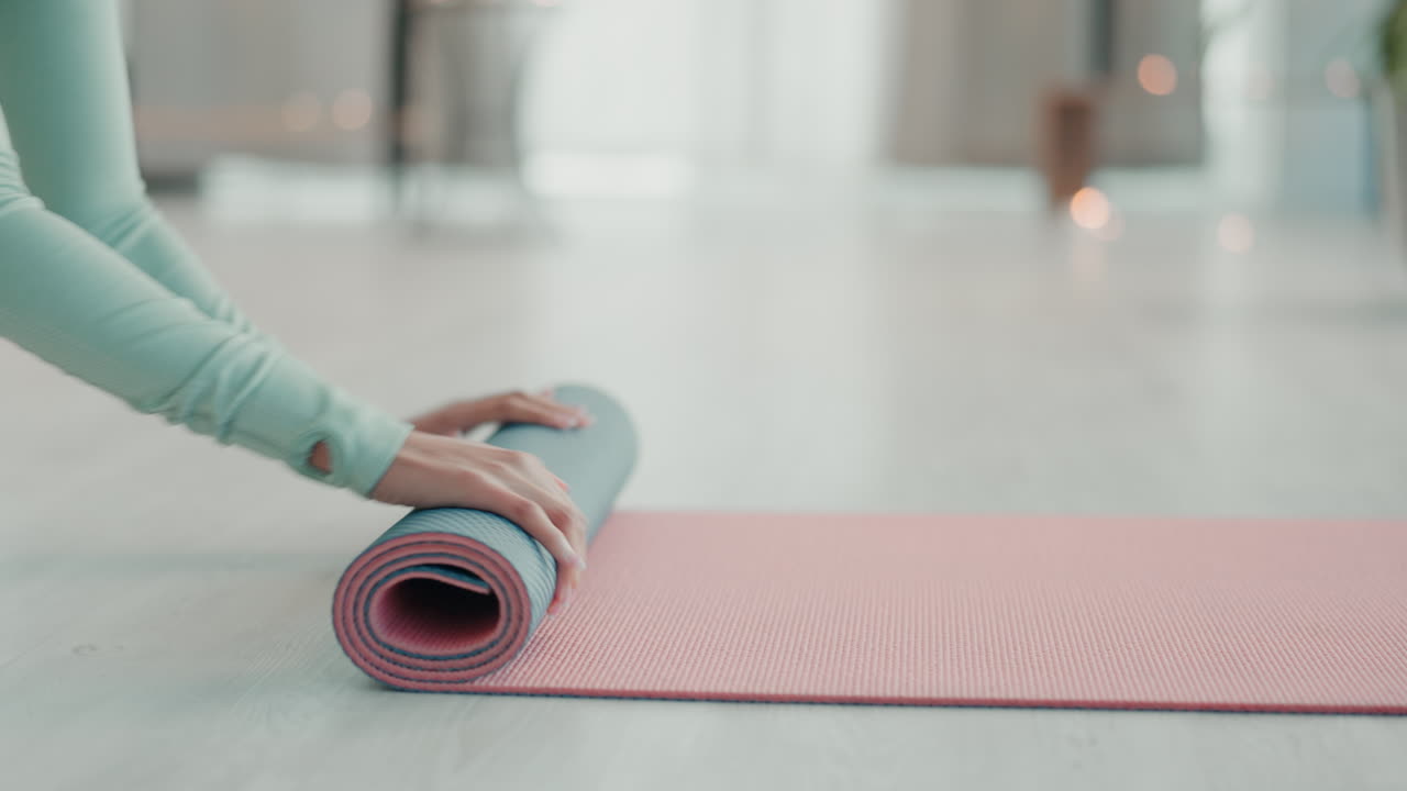 Fitness, rolling and yoga mat with feet of woman