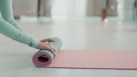 Fitness,-rolling-and-yoga-mat-with-feet-of-woman