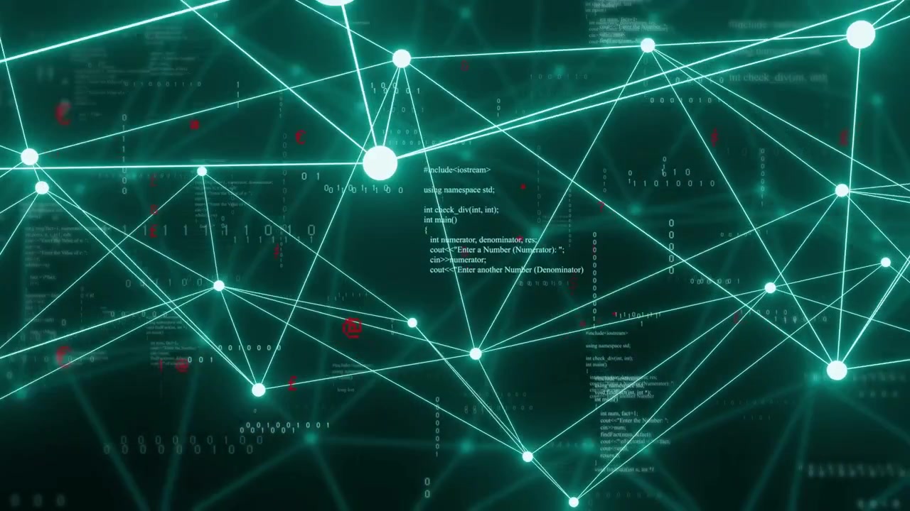 Camera panning and zooming, cyan node network shifting, pulsing and clustering to visualize links