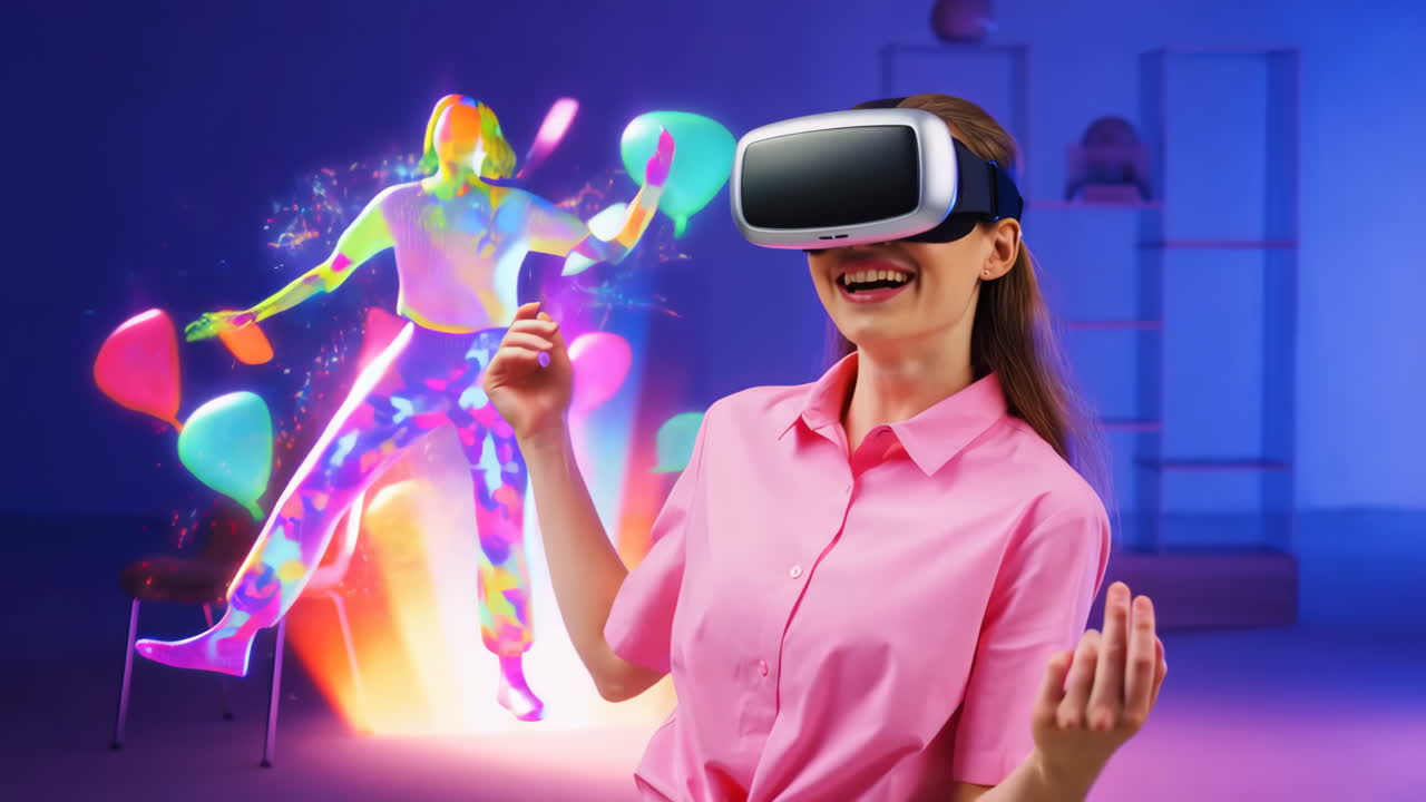 Woman enjoying an immersive virtual reality experience with vibrant digital art