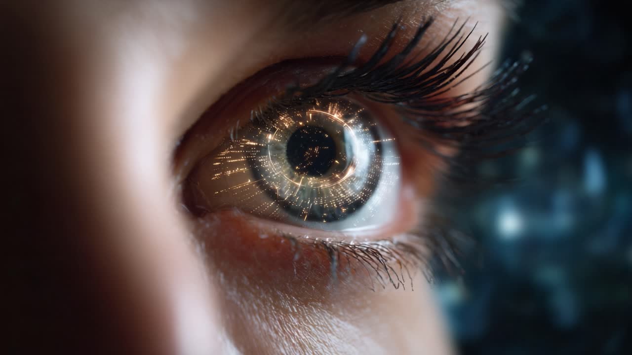 Una prospettiva ravvicinata di un occhio ipnotizzante con effetti visivi scintillanti, che cattura le complessità delle emozioni umane e dell'immaginazione in un mondo digitale