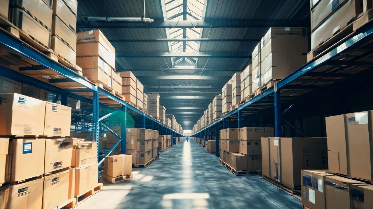 Wide-angle shot of a vast warehouse filled with stacked boxes, showcasing an industrial theme