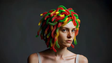 Young woman wearing a vibrant gummy worms wig, posing confidently against a gray background, showcasing her unique style and celebrating her individuality with a playful expression