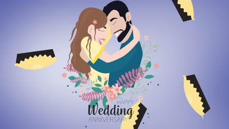 Animation-of-illustration-of-wedding-anniversary-text-and-couple-embracing,-with-flowers-and-cakes