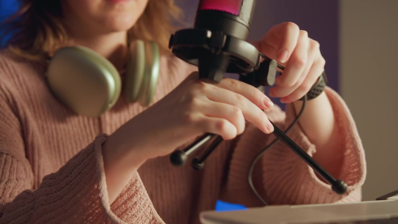 Giovane donna seduta alla scrivania prepara un microfono da tavolo per la registrazione, stringendo il braccio girevole e fissando il supporto antiurto, mentre le cuffie riposano lì vicino e la calda luce del monitor crea uno studio casalingo focalizzato.