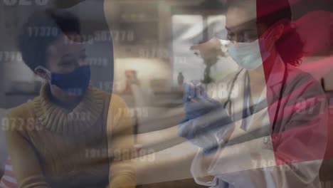 animation of flag of france with masked gloved doctor giving patient vaccination