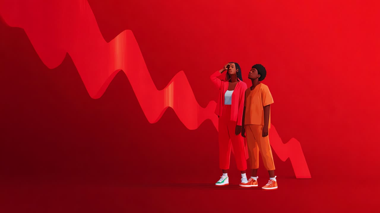 Two figures dressed in vibrant attire stand against a striking red backdrop, embodying a sense of contemplation and connection as they gaze upon dynamic shapes and patterns lingering above them
