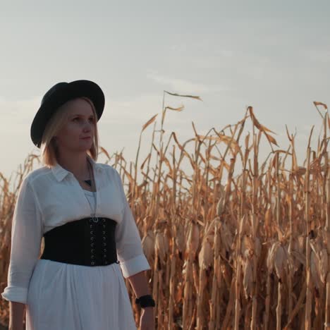 farmer in a dress and hat walks in a field of ripe corn 1