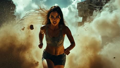 female runner escapes danger in a dusty, dilapidated urban environment