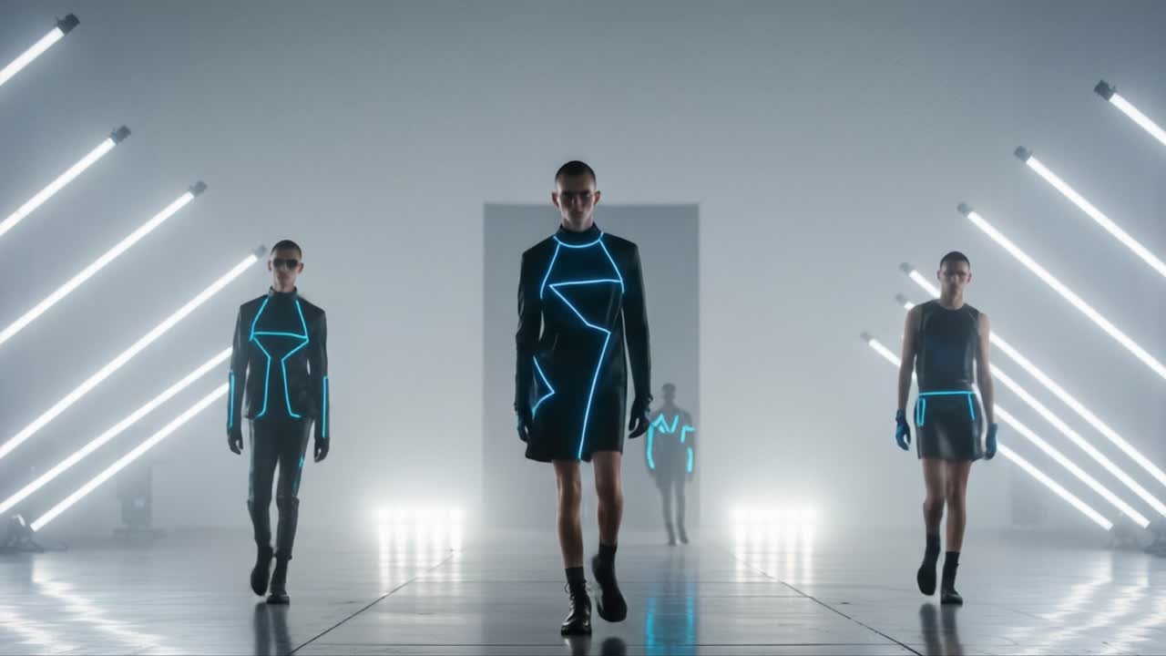 Sfilata di Moda Illuminata: Modelli all'Avanguardia Mostrano Design All'avanguardia con Accenti al Neon su uno Sfondo Futuristico in uno Spettacolo Accattivante