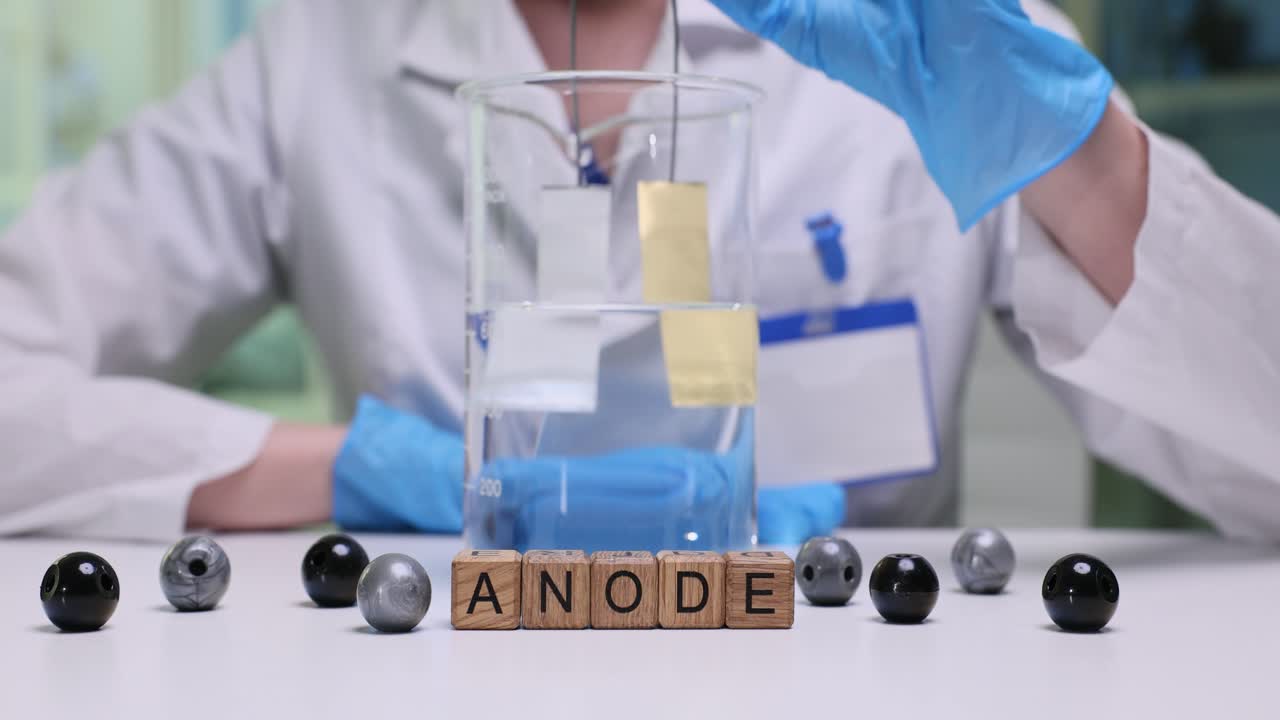 Scienziato Che Dimostra un Esperimento sull'Anodo in un Becher da Laboratorio.
