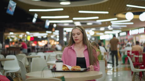 dama blanca en vestido rosa se sienta para almorzar, ajusta su cabello con una mirada elegante, agarra su bebida, hamburguesa y papas fritas en la bandeja en el frente, luces bokeh y vista borrosa de la gente en el fondo