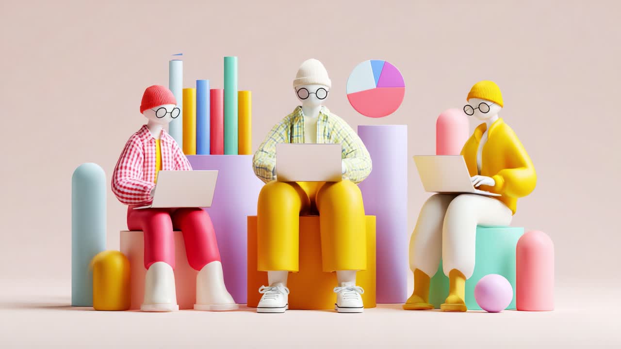 Three stylized figures engaged in collaborative work, utilizing laptops in a vibrant and colorful workspace filled with geometric shapes and data visualization elements