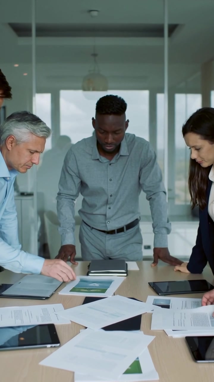 Vertical video: Placing hands on table, lead in grey shirt guiding team at office, reviewing charts