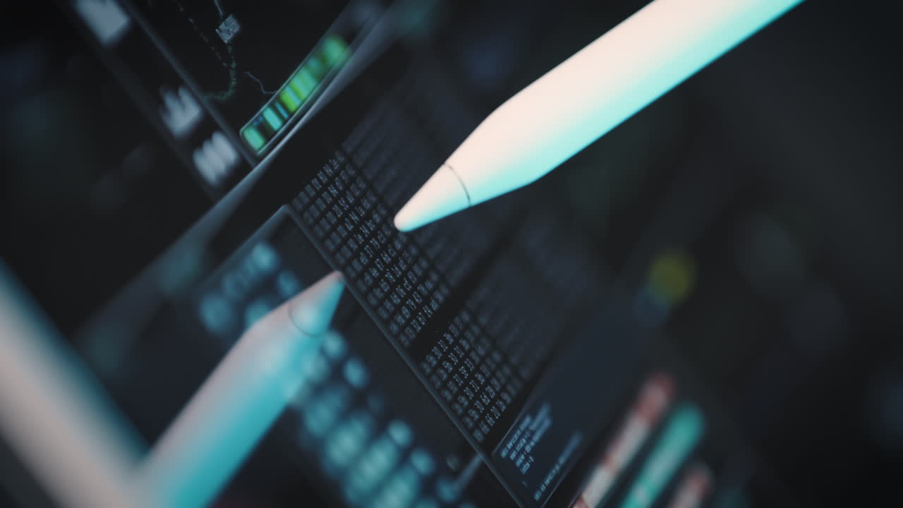 el lápiz muestra datos digitales de conjuntos de números, gráficos y pantallas en la tableta