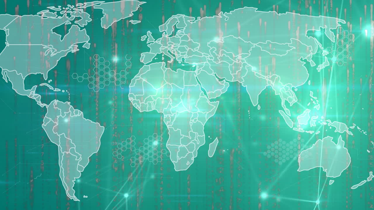 animación del mapa del mundo, conexiones y luces sobre fondo verde