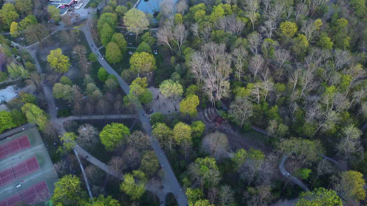 테니스 코트 와 연못 을 가진 도시 공원, 공중 조망 높은 각도