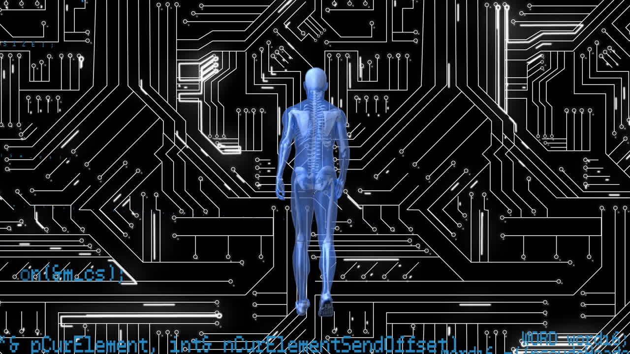 Animation of data processing and digital human over computer circuit board on black background