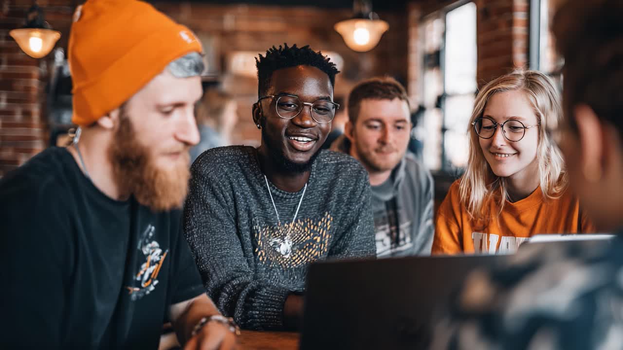 A Group of Friends Engaged in Lively Discussion Over a Laptop in a Cozy Café Setting, Highlighting Collaboration, Interaction, and Creativity