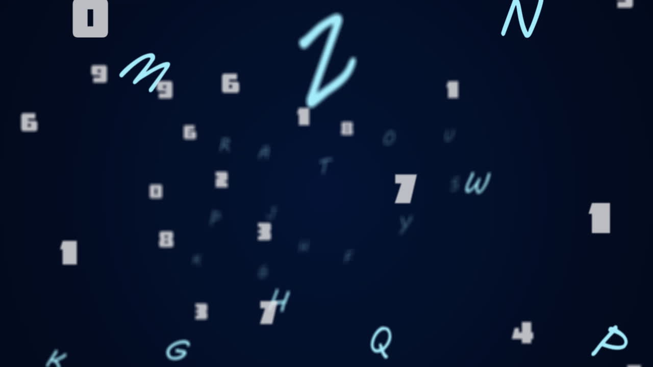 animación de números y letras que cambian sobre un fondo azul oscuro