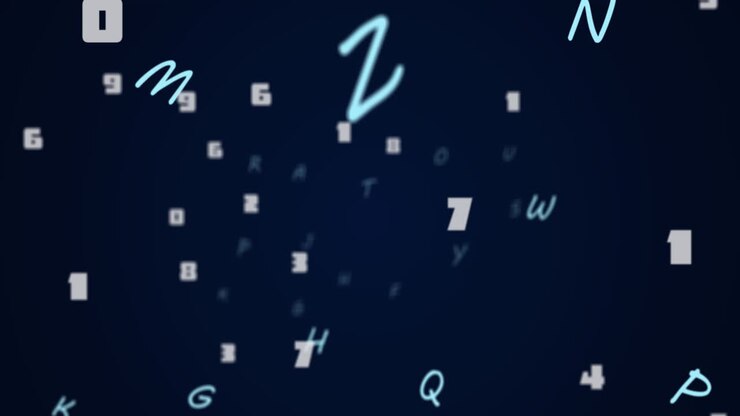Animazione di numeri e lettere che cambiano su sfondo blu scuro