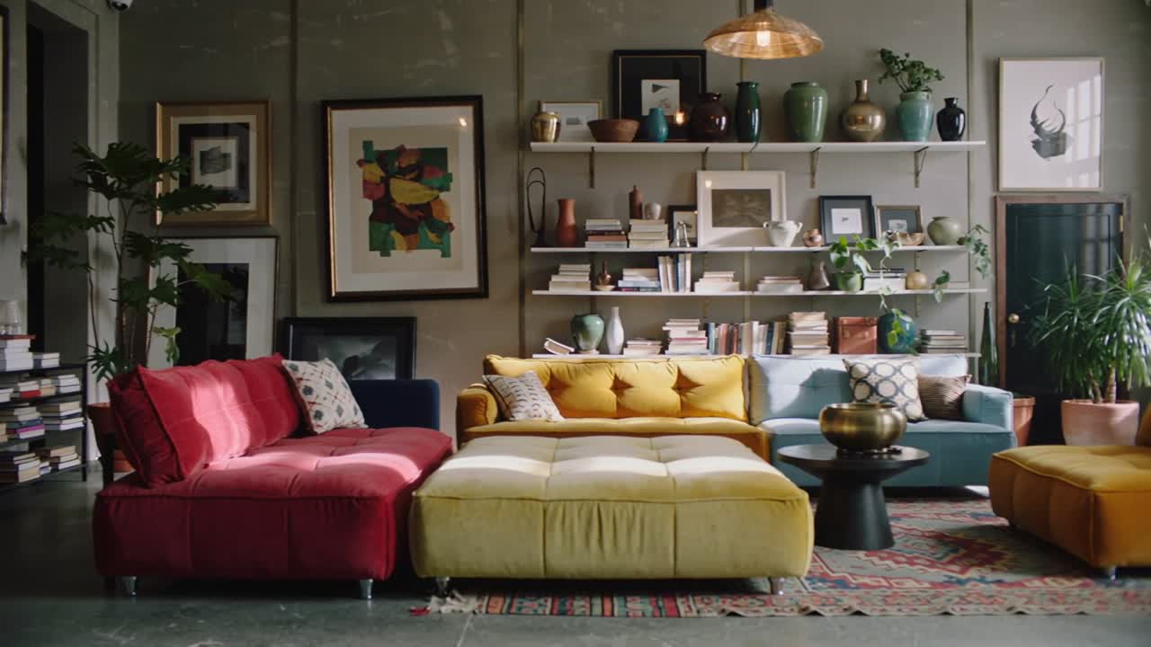 Panning camera revealing modular seating and shelving in loft interior, showcasing furniture
