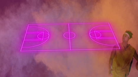 animation of pink court and powder explosion over african american male basketball player with ball