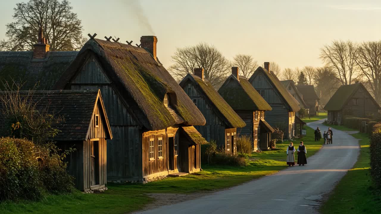 Charming Village Scene with Traditional Thatched Roof Houses and Strolling Residents Amidst a Serene Sunset, Showcasing the Beauty of Rural Life and Architecture
