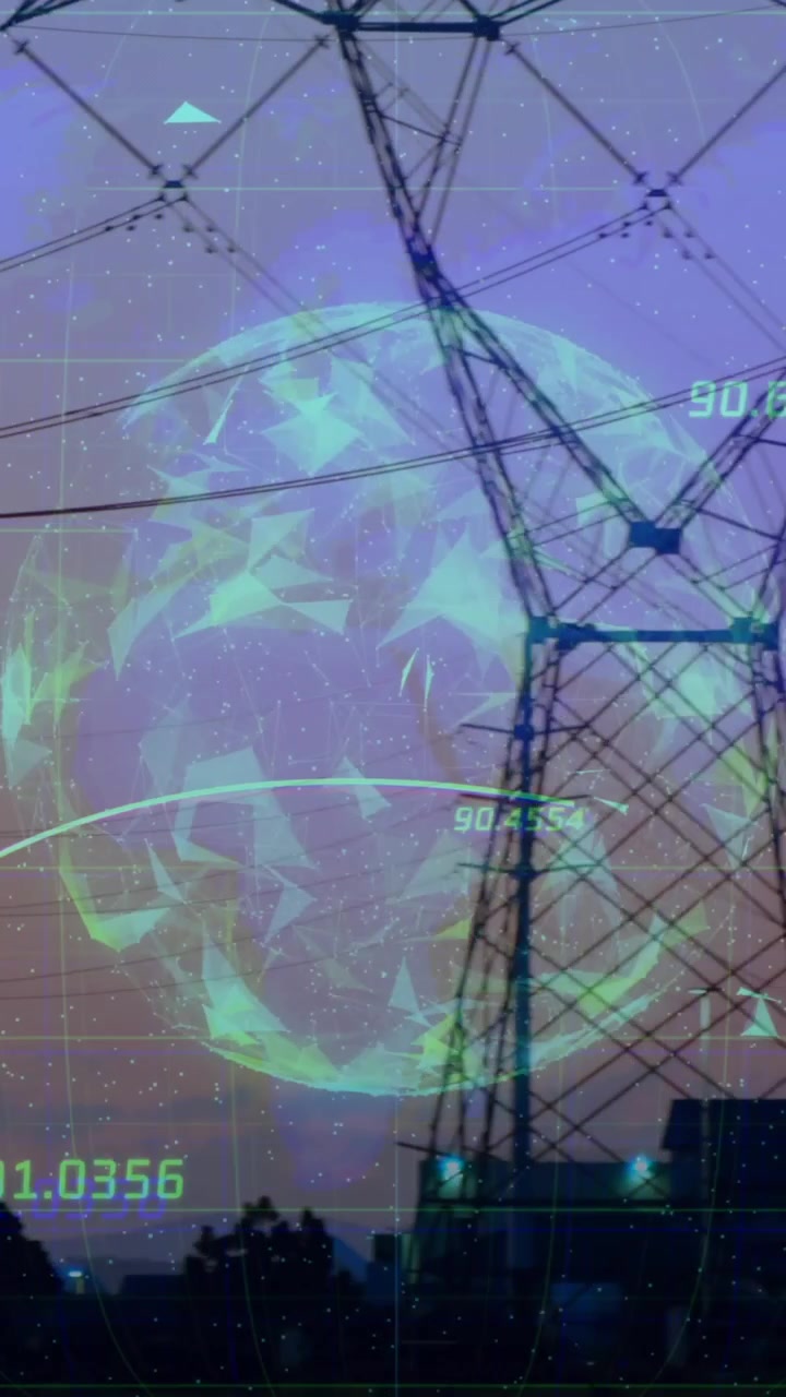 Globo digital e animação de pontos de dados sobre silhueta de linhas de energia ao anoitecer