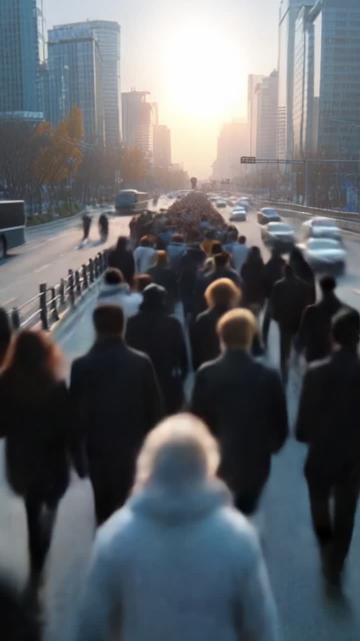 Una vivace scena urbana: Folle di pendolari che camminano lungo una trafficata strada cittadina al tramonto con alti edifici e veicoli sullo sfondo.