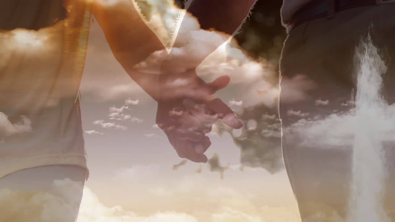 손을 잡고 있는 부부 위 에 있는 그리스도인 십자가 의 애니메이션