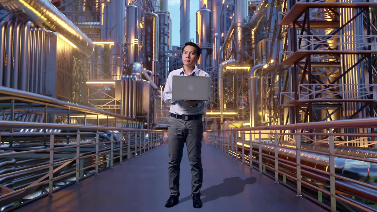 Full Body Of An Asian Male Professional Worker With His Laptop At A Vast Oil Refinery, He Observes By Looking Around Before He Come To Concentrating With His Laptop