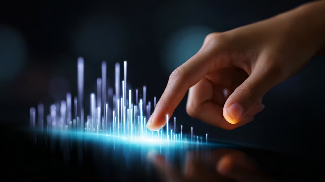 A hand gracefully interacts with mesmerizing light bars that rise and fall, showcasing a captivating display of waves, resonance, and digital art, demonstrating the beauty of motion in a brightly illuminated scene