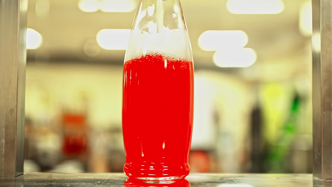Glass bottle filled with foaming red soda in bright bar environment