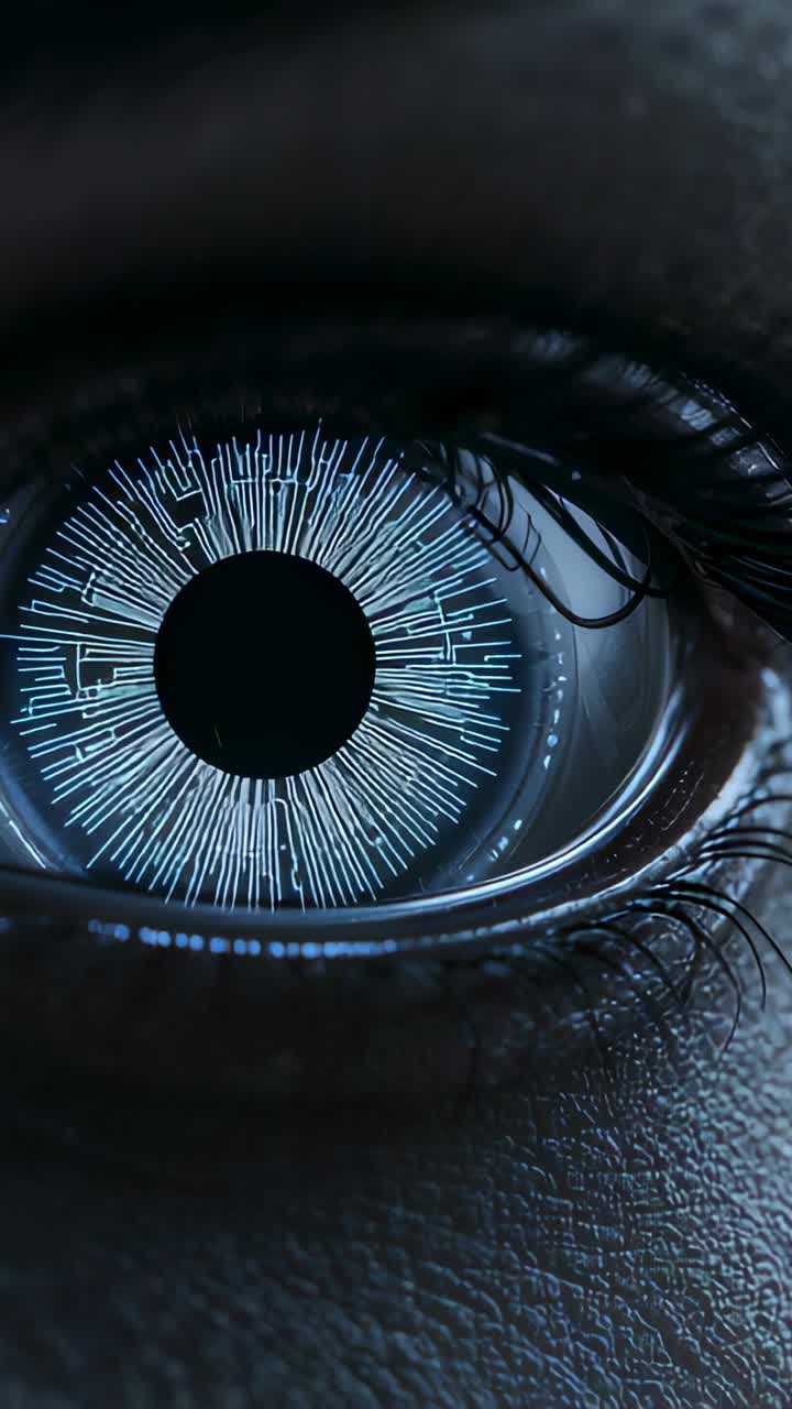 Vertical video: Receiving signal, woman holding eye open, iris activating cyan rings in lab scan