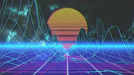 animation of digital landscape and sun over grid