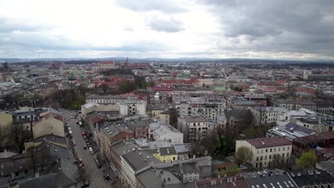 Aerial-Footage-of-Krakow-Old-Town-in-Cloudy-Day