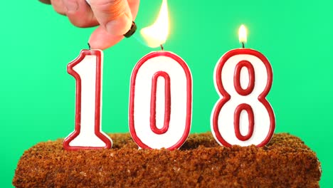 cake with the number 108 lighted candle. chroma key. green screen. isolated