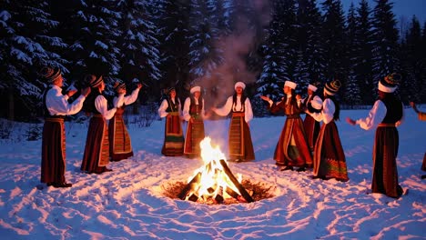 traditional winter folk dance around a bonfire