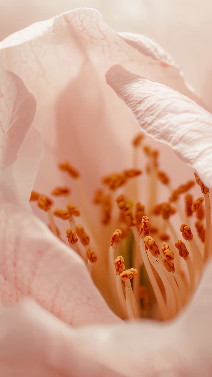 Video verticale: regolazione della messa a fuoco, lente che mostra gli stami di un fiore macro rosa pallido per rivelare antere dorate.