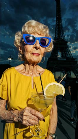 sophisticated senior lady sporting blue shades, yellow dress, sipping cocktail near metallic tower during golden sunset moment